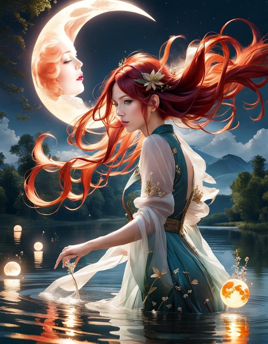 Nymphs in Moonlit Lake: Double Exposure Portrait