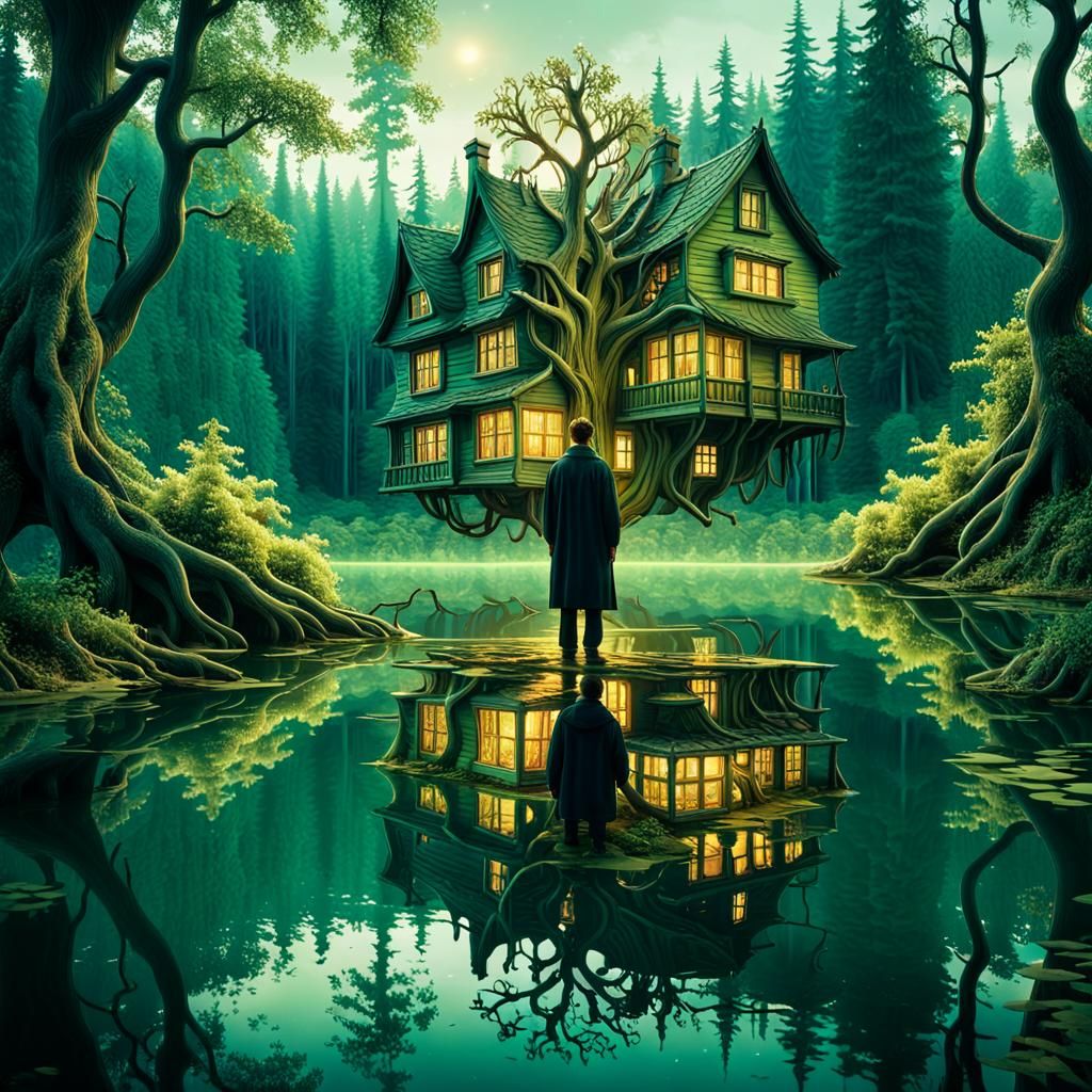 Dreamlike Surrealism: Lakeside Figure in Dense Forest