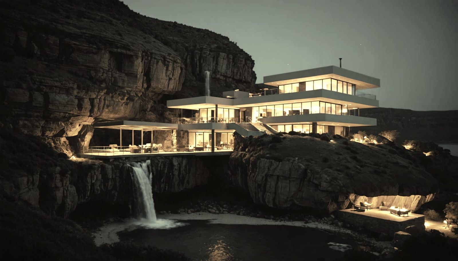 Impossible Cliffside House at Night Waterfall