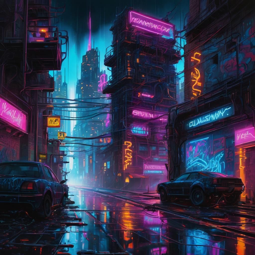 Cyberpunk Cityscape with Pulsing Neon Electricity