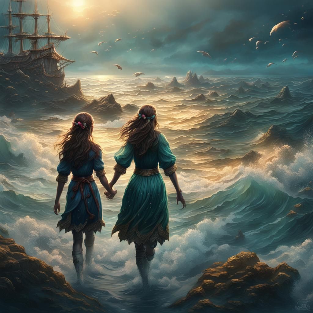 Girls Walking into the Ocean: Fantasy Concept Art