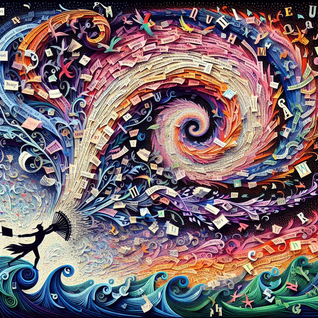 Whirlwind of Colorful Words in Silhouette Art