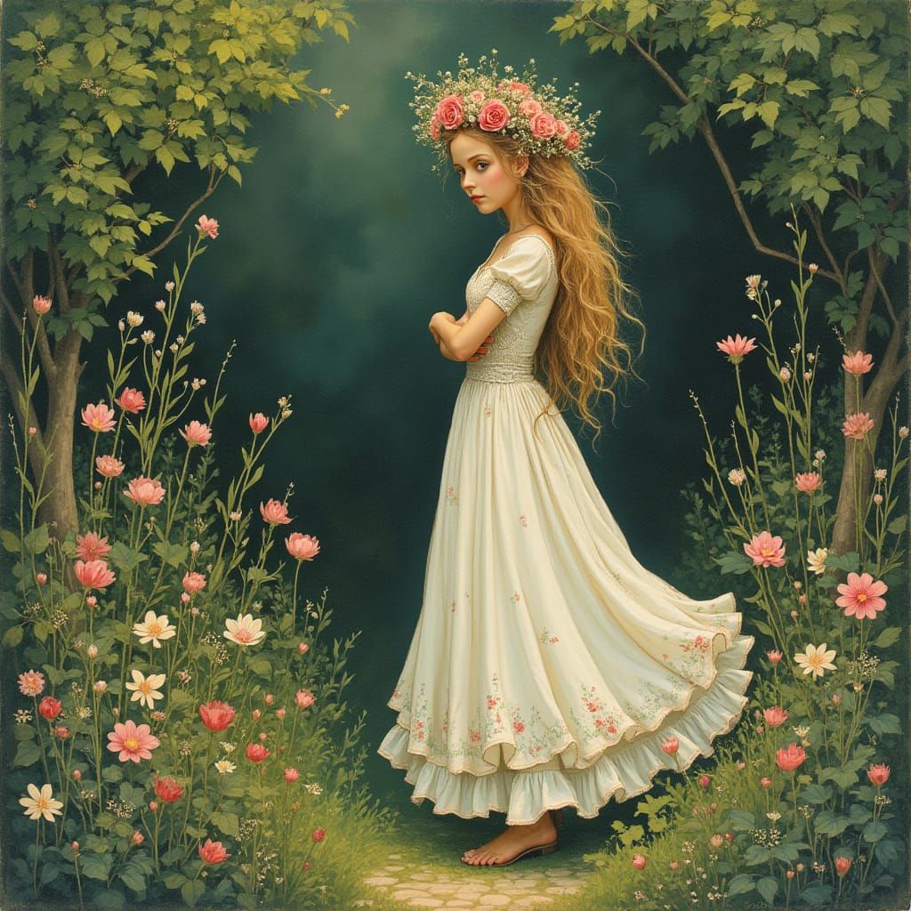 Whimsical May Queen in Hedgerow, Fairytale Illustration