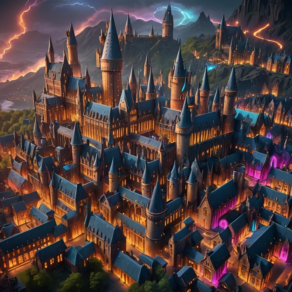 Neon Hogwarts Castle: Detailed Matte Painting