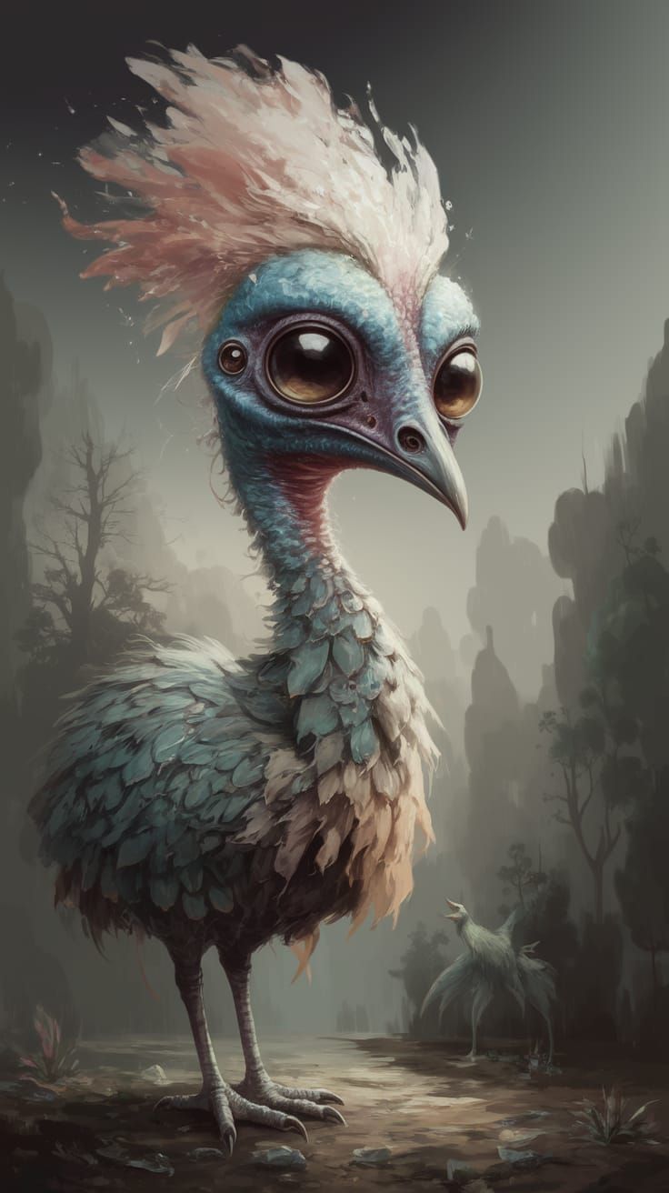 Ethereal Cassowary Meets Alien Worlds in Whimsical Art
