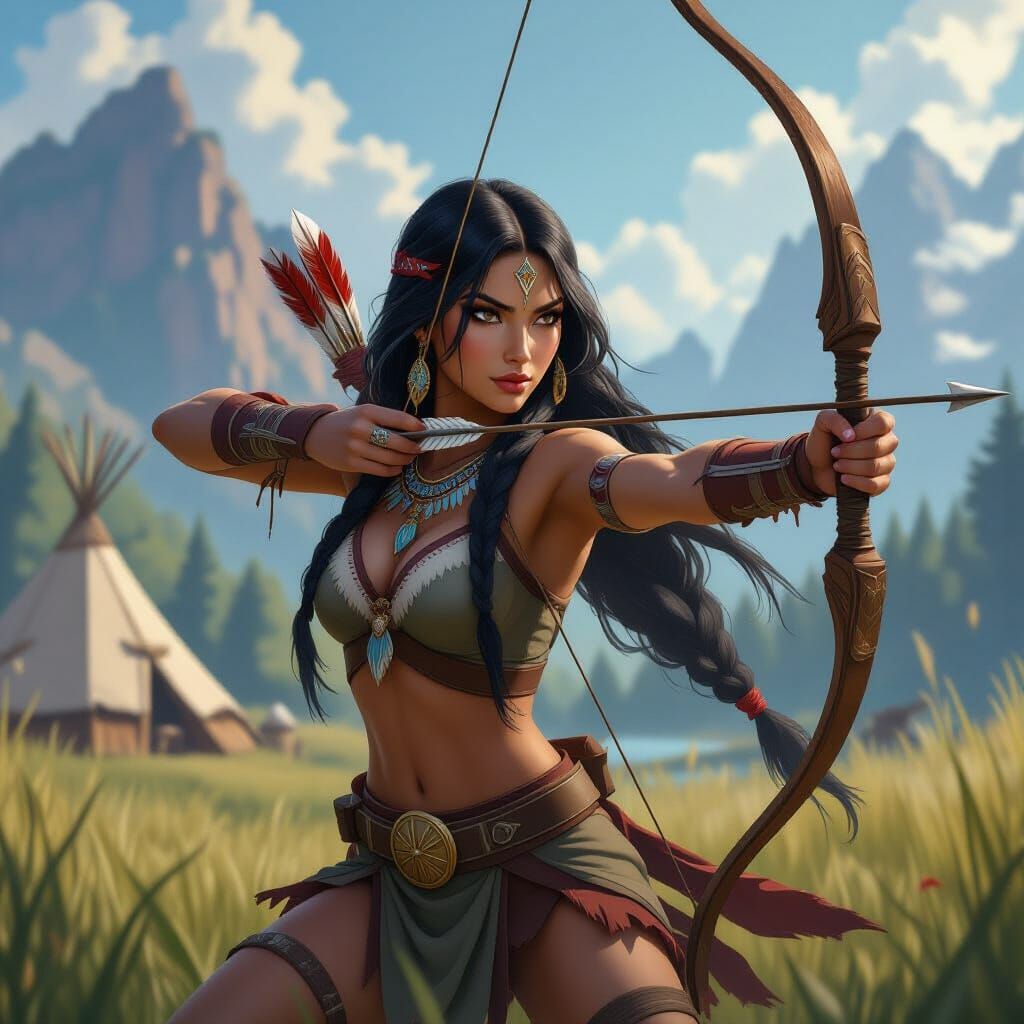 Native American Woman with Bow in Arcane Art Style