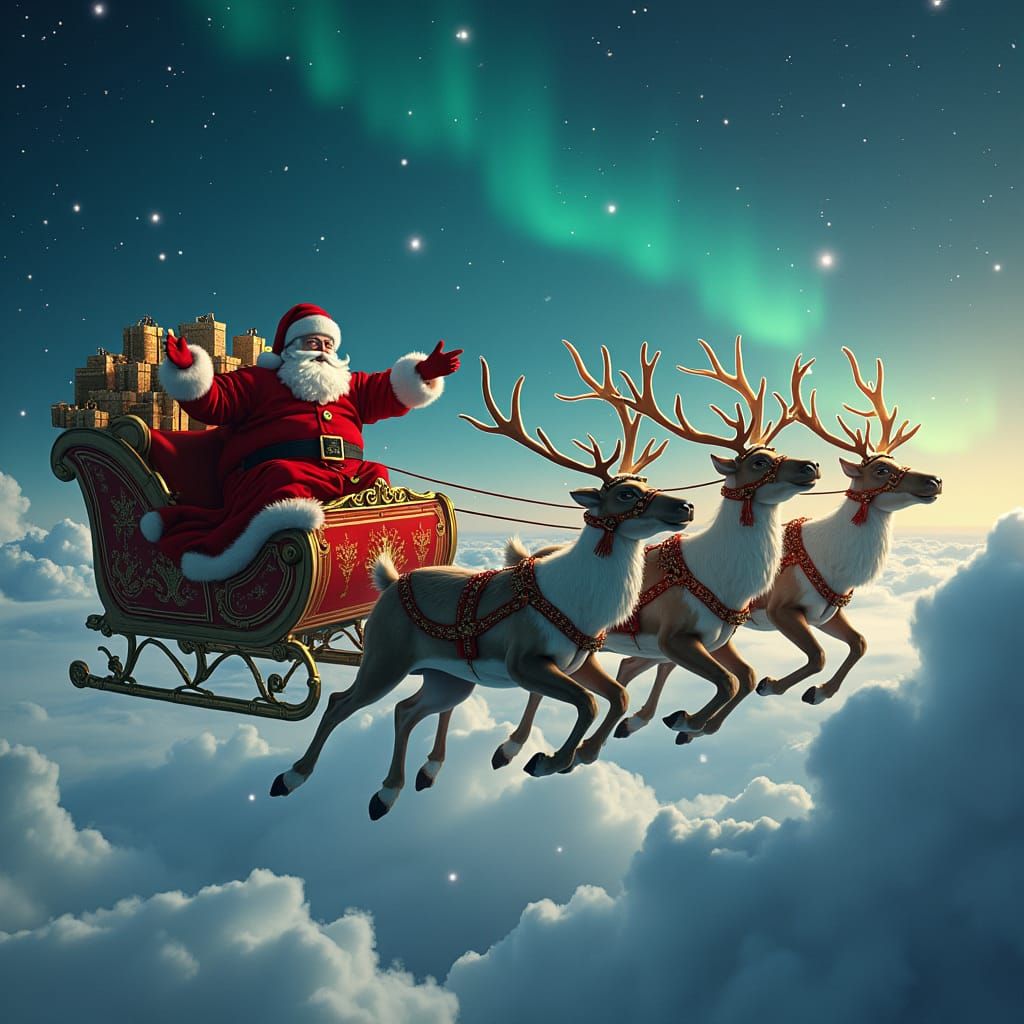 Santa Claus Soaring Through Starry Night Sky