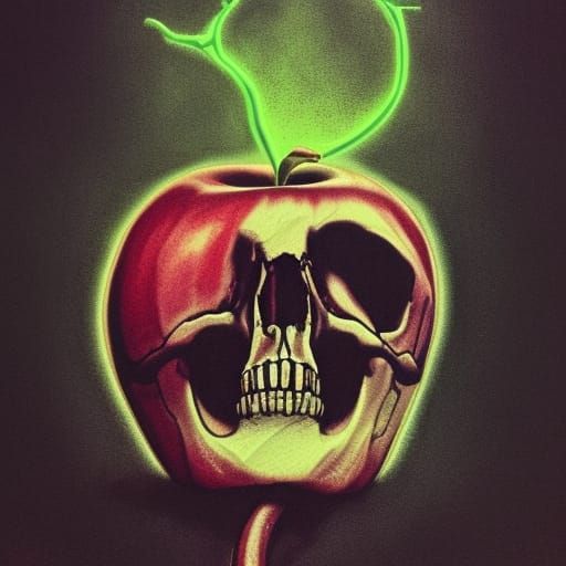Skull Apple with Evil Worm: Biopunk Ink Painting