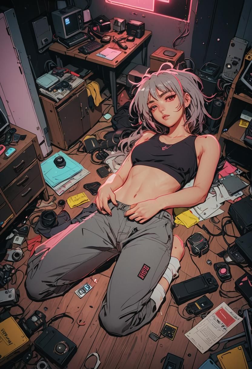 Cyberpunk Girl in a Moody, Neon-Drenched Bedroom