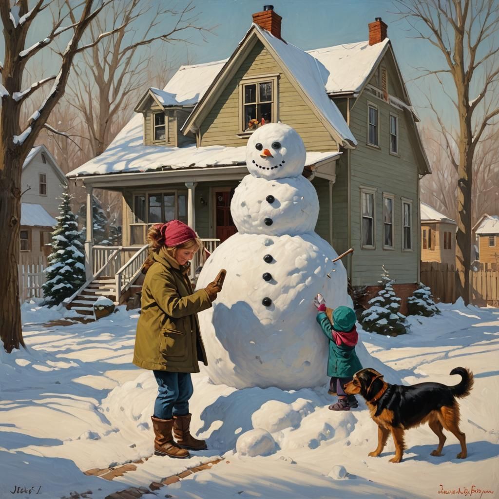 Family Fun: Building a Snowman, Oil Painting