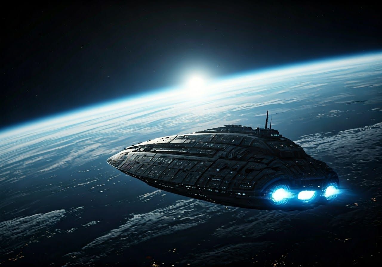 Galactic Spaceship Approaches a Distant Earth in Vibrant Col...