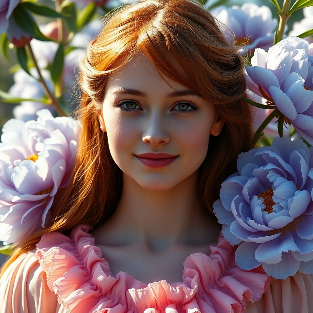 Victorian Woman in Surreal Peony Dreamscape