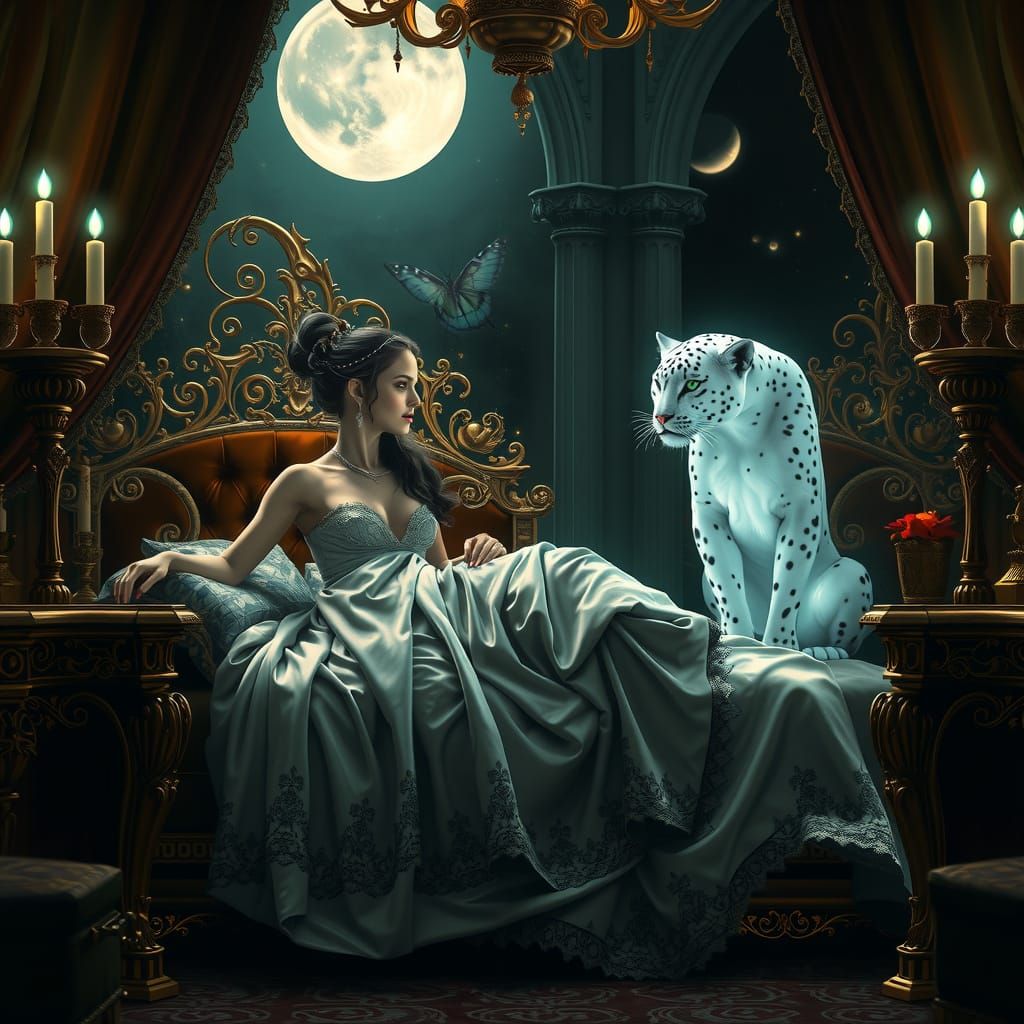 Moonlit Goddess Watched Over by the White Panther