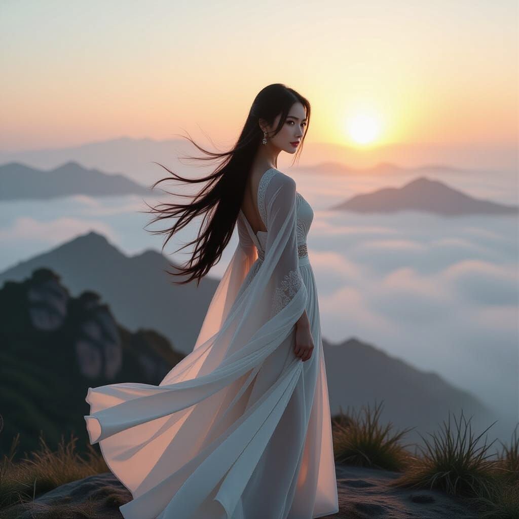 Serene Woman on Mountaintop at Sunrise