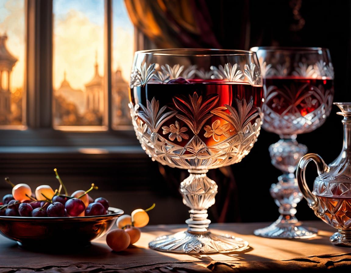 Baroque Close-up of Red Wine in Crystal Glass