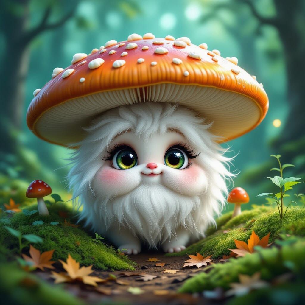Fluffy Forest Spirit Peeking From Giant Mushroom