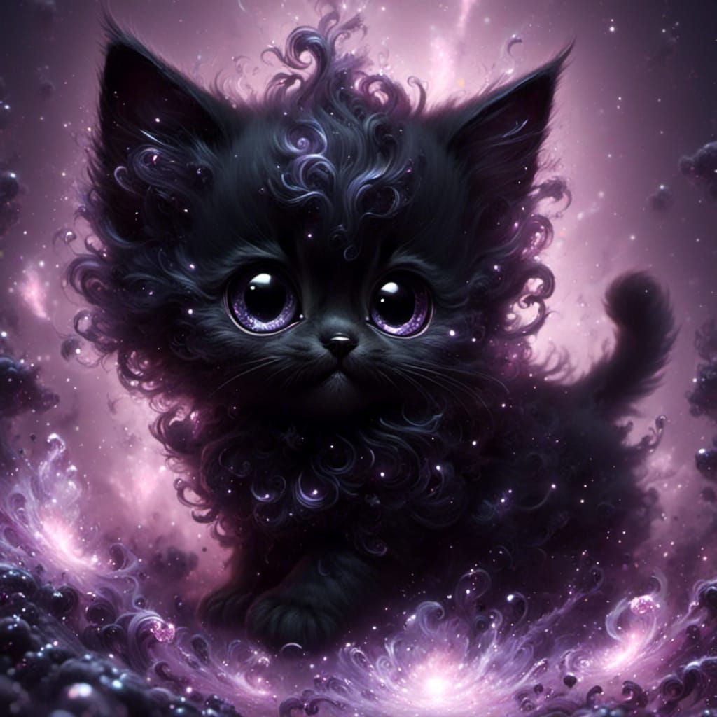 Adorable Black Chibi Kitten with Sparkle Effect