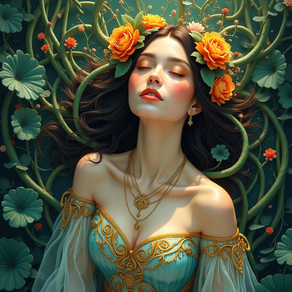 Art Nouveau Woman Embodies Peace and Joy