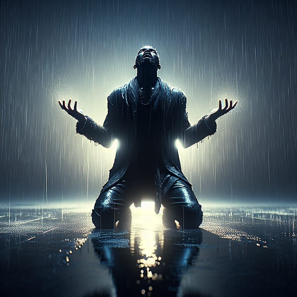 Dramatic Digital Matte Painting of Man Kneeling in Rain