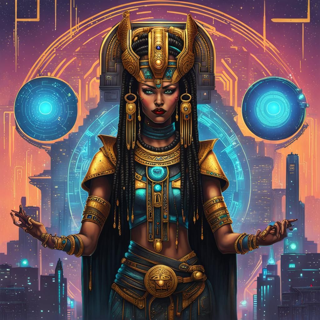 Cyberpunk Goddess Hathor in Neon Style