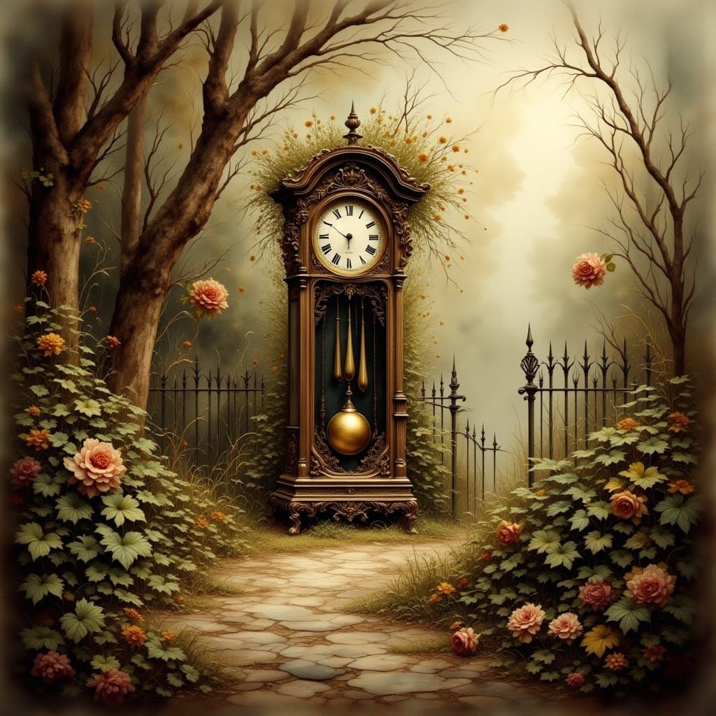 Vintage Clock in Overgrown Garden - Ethereal Watercolor Land...