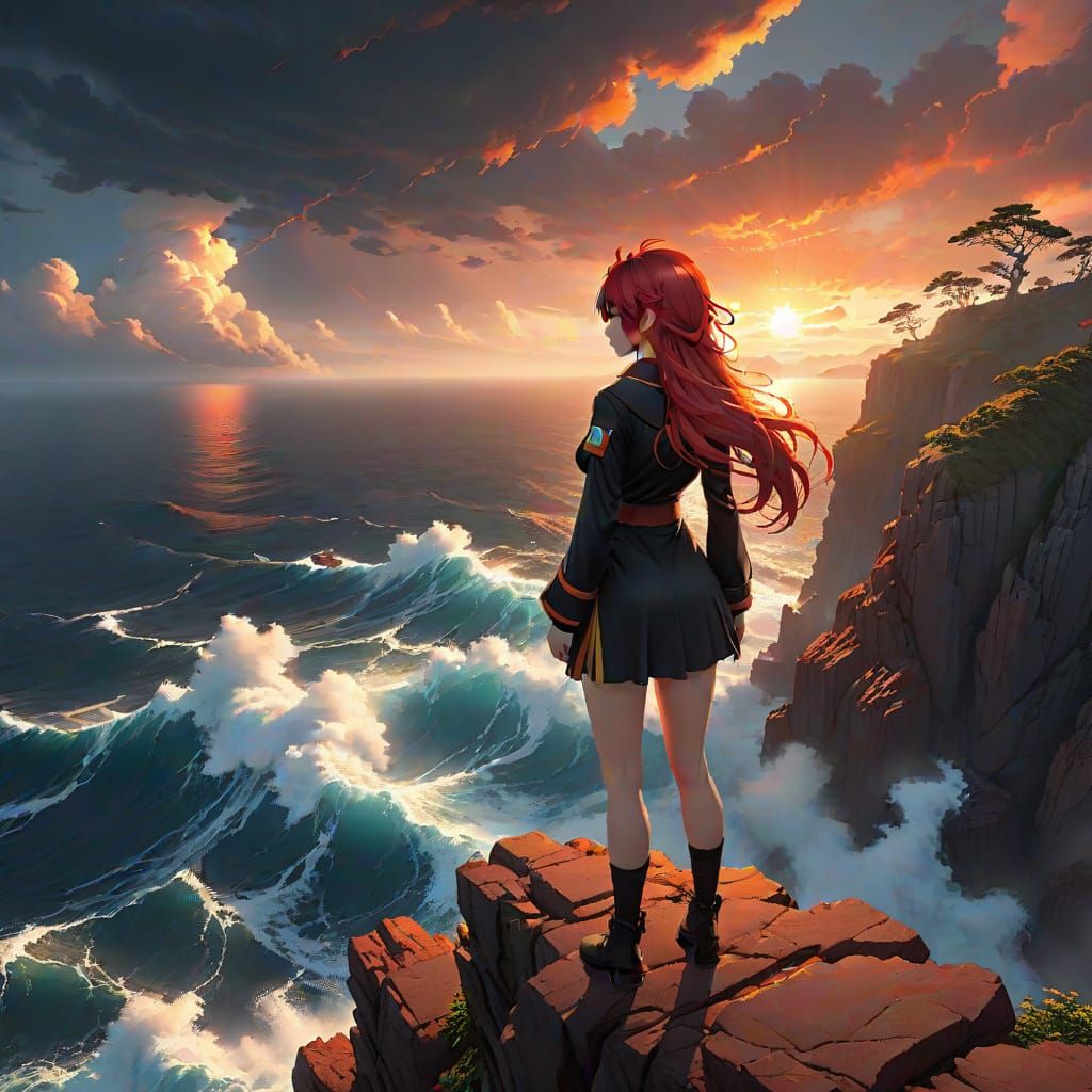 Anime Girl on Windswept Cliff in WLOP Style