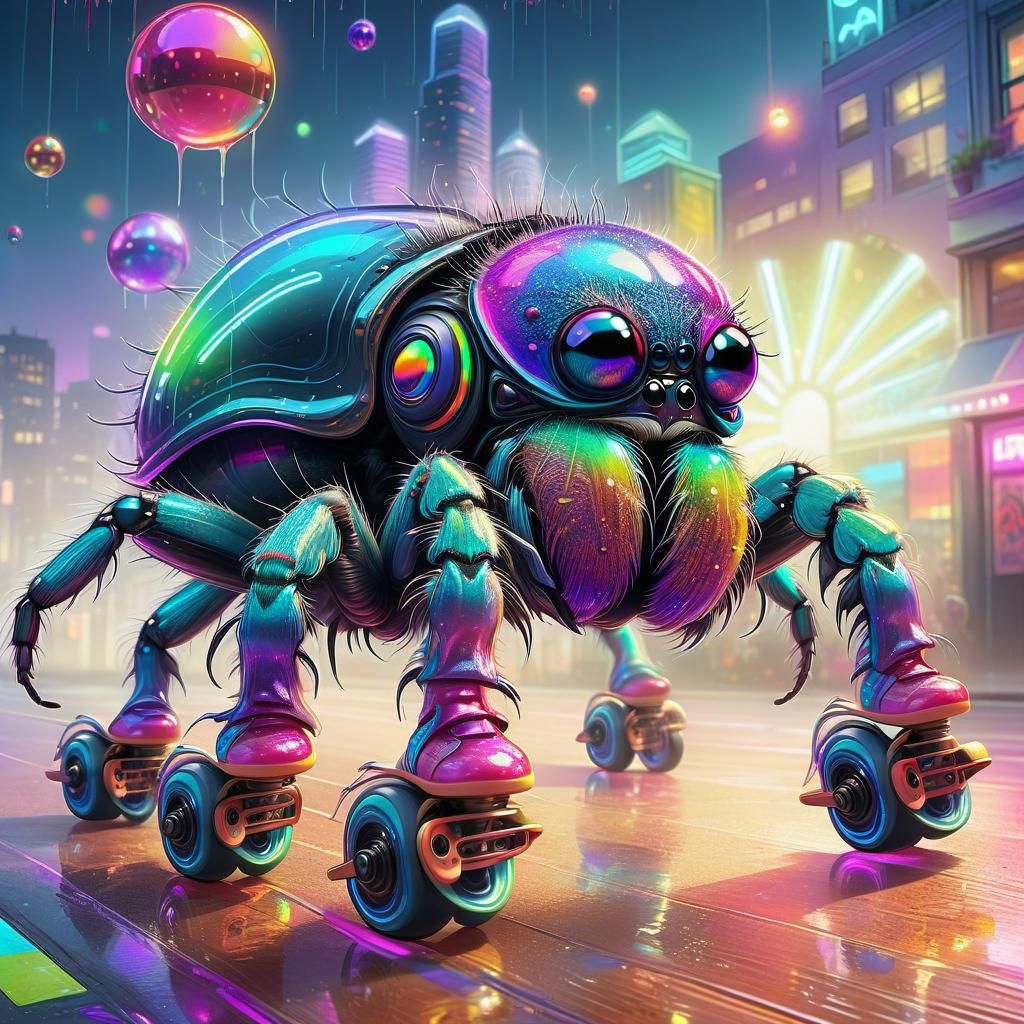 Rainbow Spider Skates Through Bioluminescent Cityscape