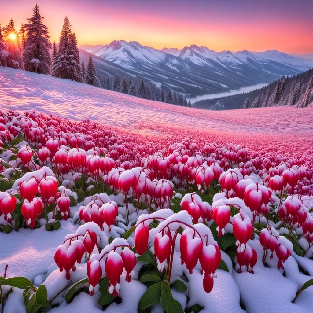 Bleeding Heart Flowers in Snowy Meadow at Sunrise