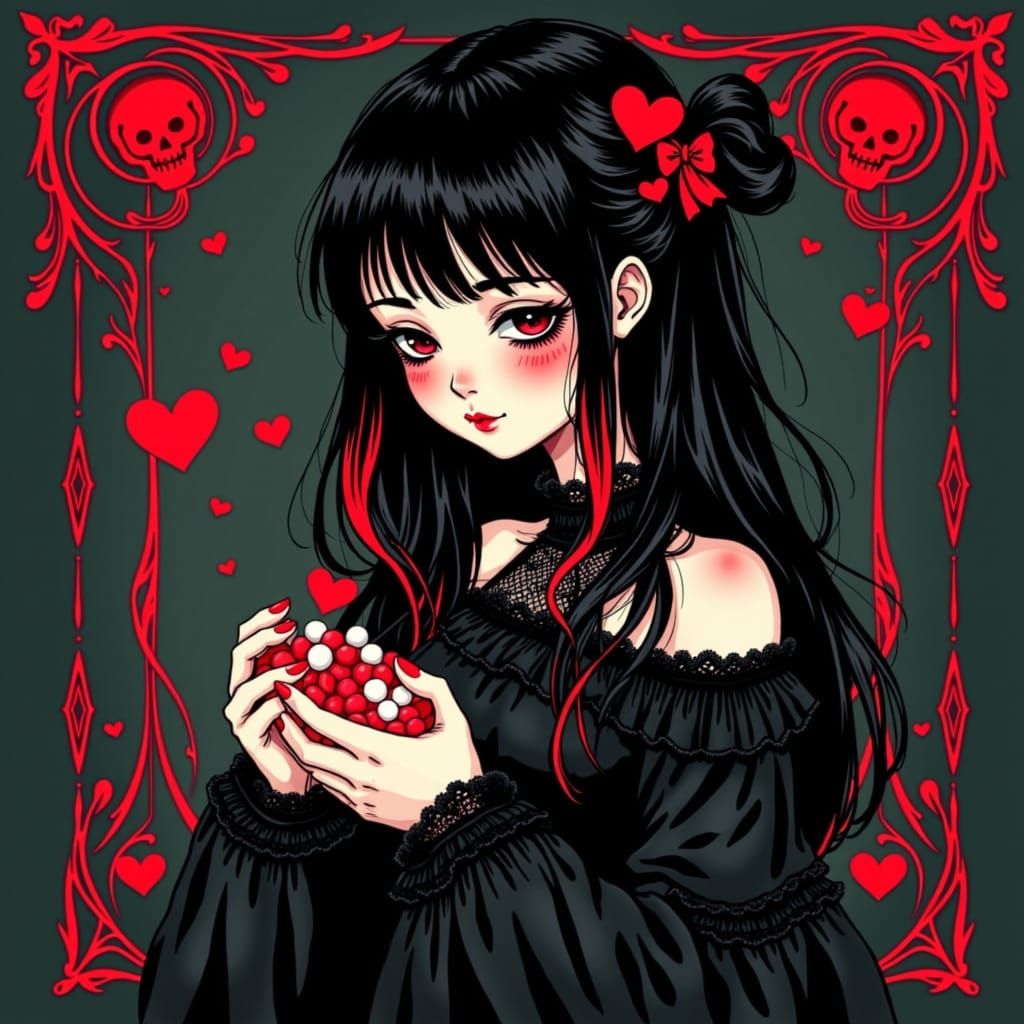 Girl in Gothic Whimsy with Red and White Jellybeans