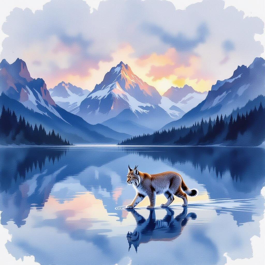 Lynx Walks on Water, Reflecting Infinite Mountain Landscape