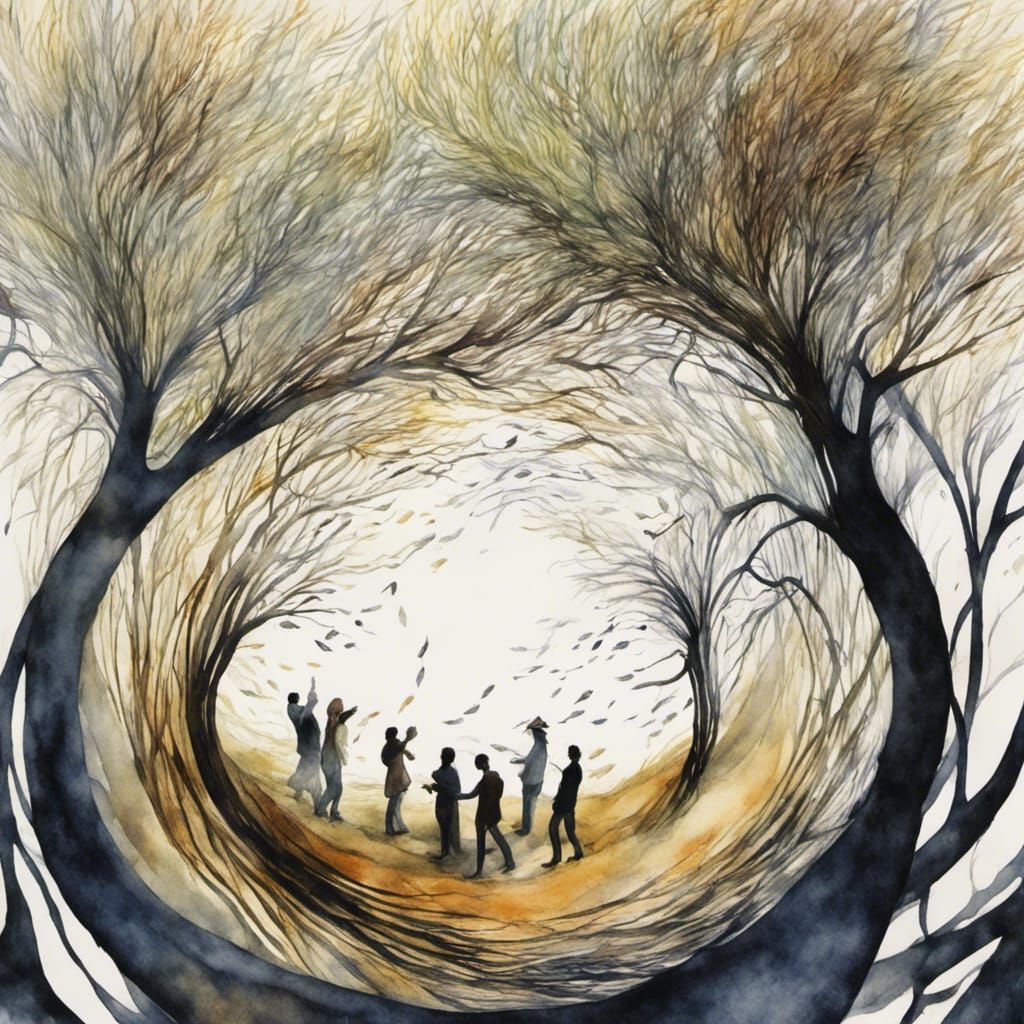 Singing People Around Tree in Watercolor Style