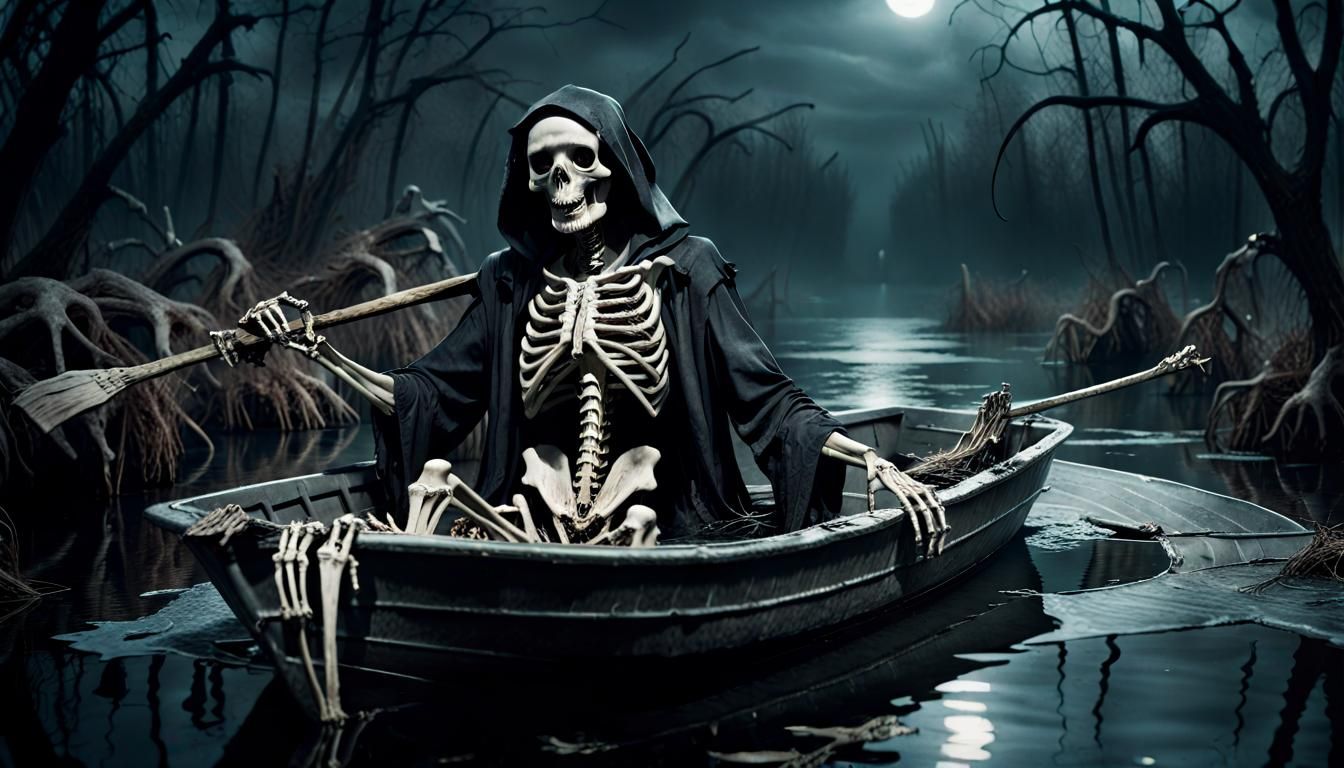 Grim Reaper's Journey: Gothic Art on Dark Waters