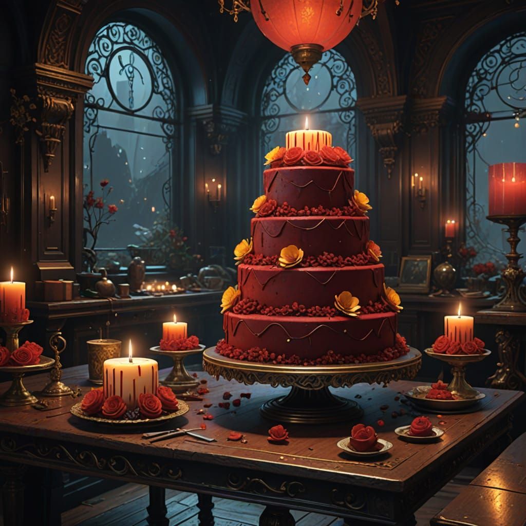 Ornate Red Velvet Cakes in Mystical Chamber