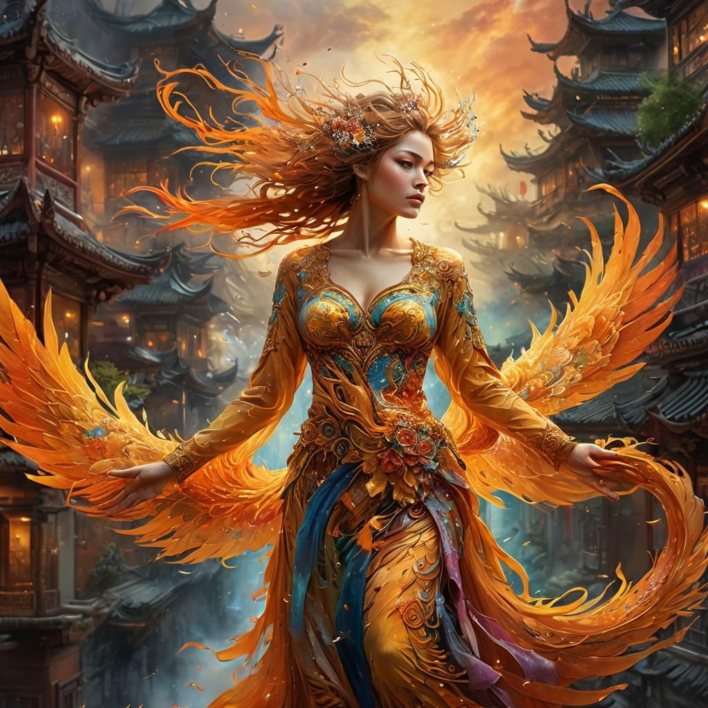 Majestic Phoenix Ascending Over Wuxia in Fantasy Art