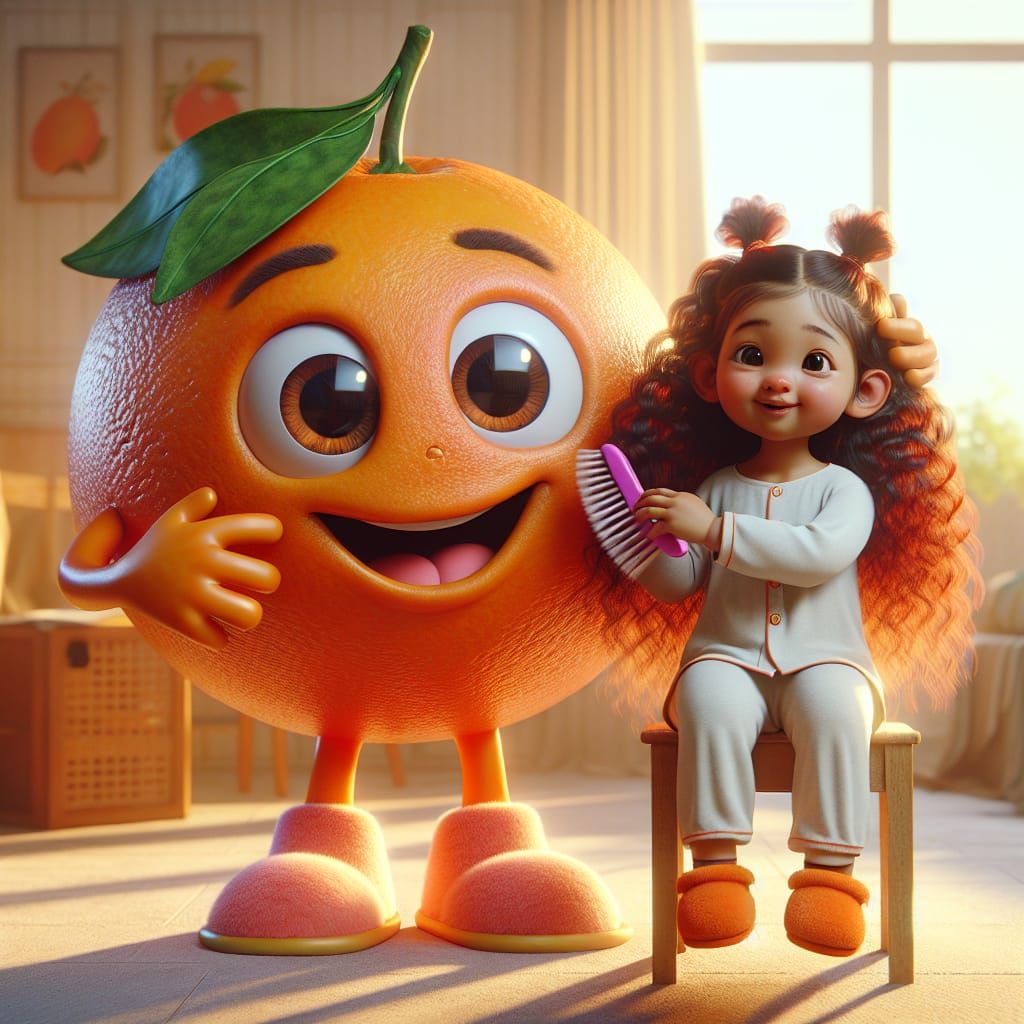 Anthropomorphic Orange Brushing Girl's Hair, Hyperrealistic ...