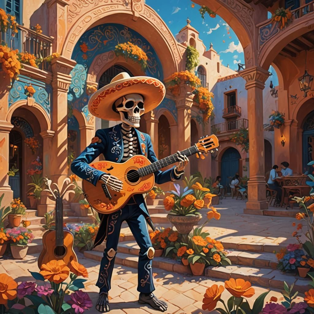 Coco Inspired Skeletal Guitarist in Vibrant Plaza