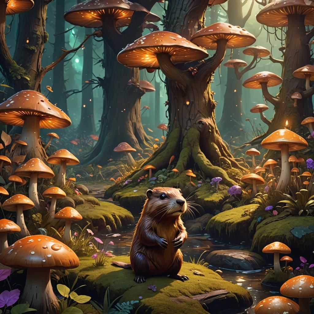 Whimsical Beaver in Mystical Forest Concept Art
