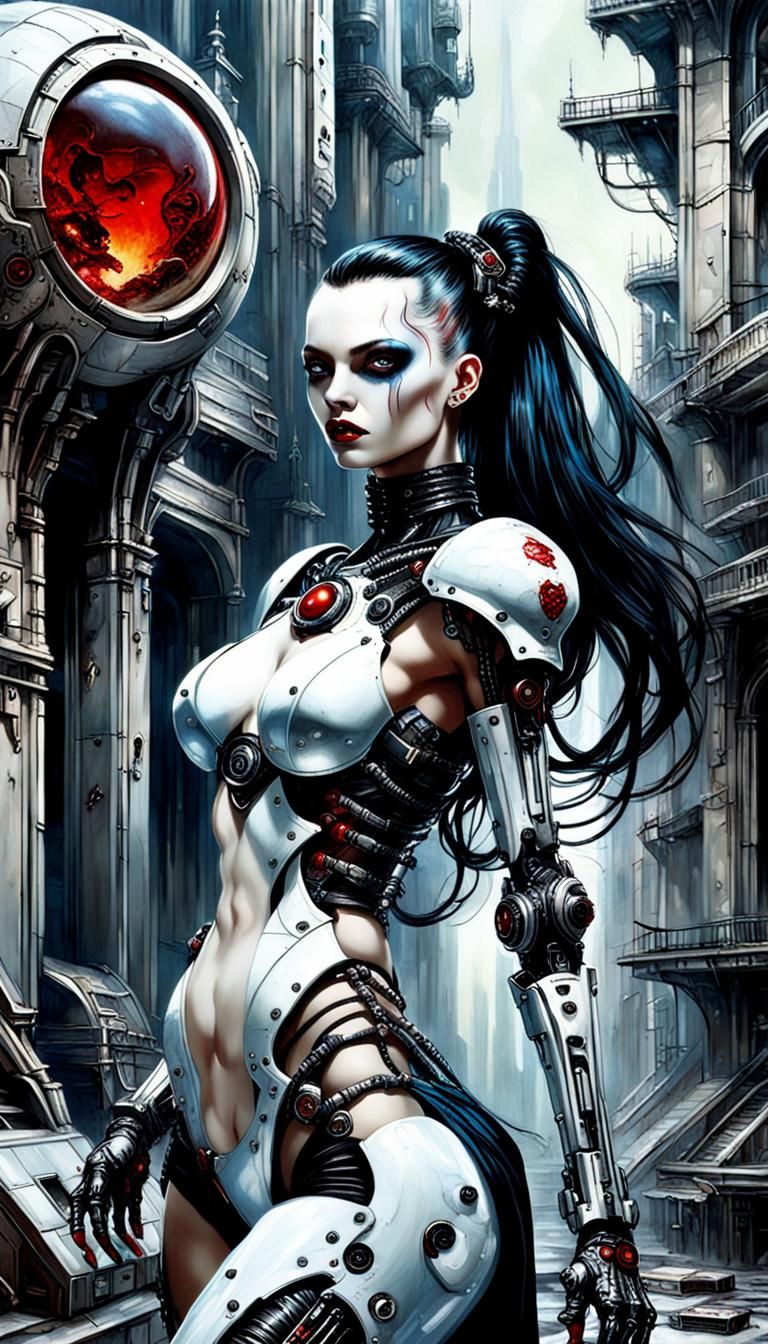 Cyborg Vampire Goddess in Cyberpunk Abode