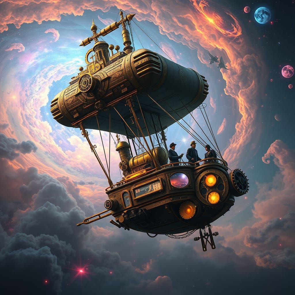 Steampunk Airship Soaring Through a Colorful Nebula