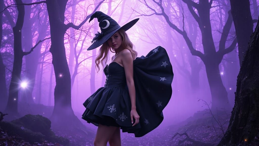 Enchanted Forest Witch with Purple Aurora