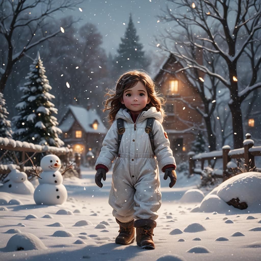 Girl Making Snowman in Winter Wonderland