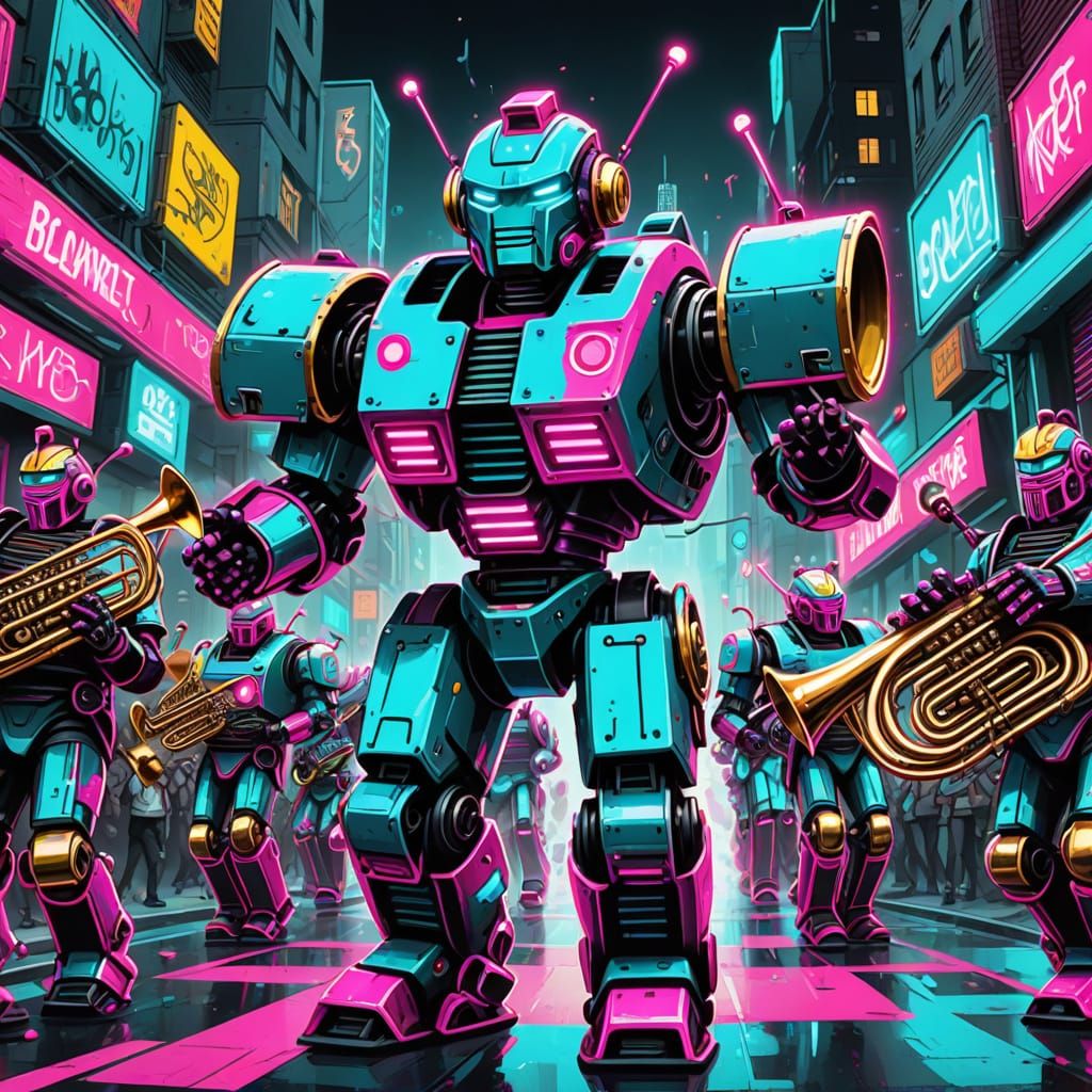 Neon Robot Marching Band in Graffiti Style