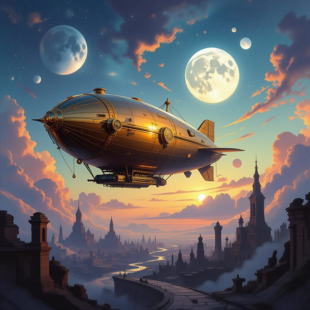 Retro-Futuristic Airship in Nebula Sky Oil Painting
