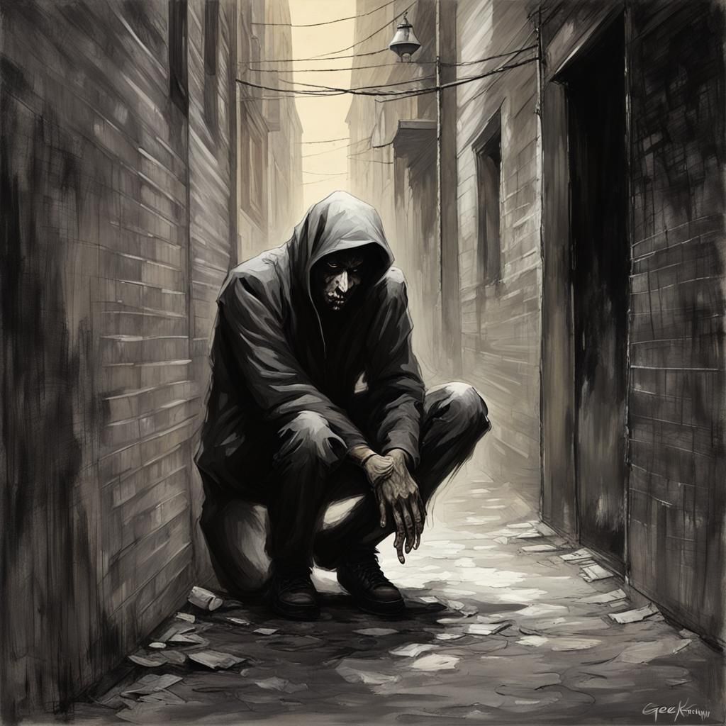 Scared Dying Person in Alleyway, Sinister Art