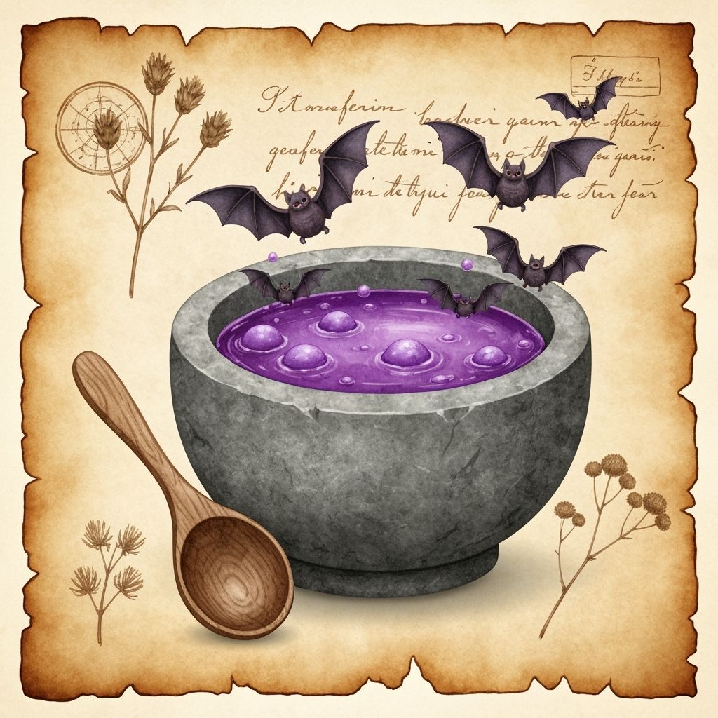 Stone Bowl of Purple Potion with Floating Bats, Vintage Wate...