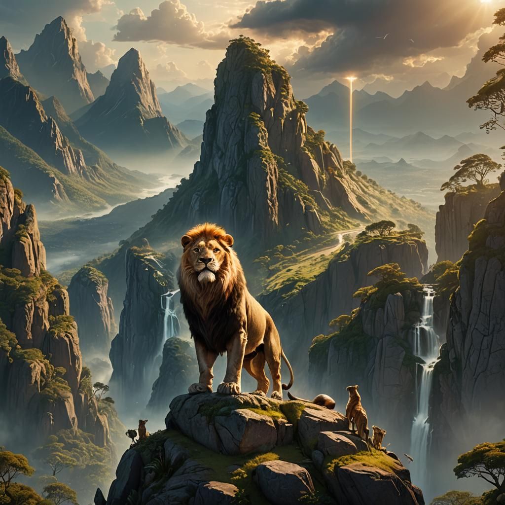 Majestic Lion on Mountain Peak in Fantasy Landscape