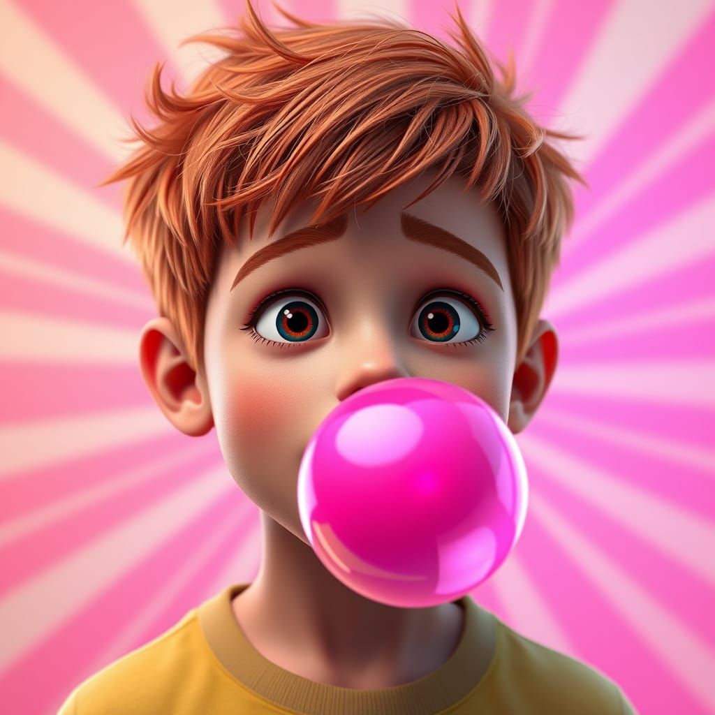 A Young Boy Blows a Vibrant Pink Bubble in a Bright, Cinemat...