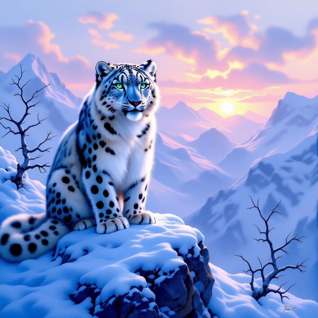 Snow Leopard on Glacial Ridge in Hyperrealistic Style
