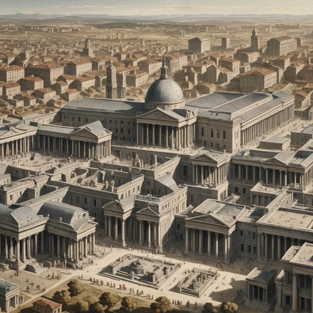 Classical Building Drawing with Monumental Sculptures