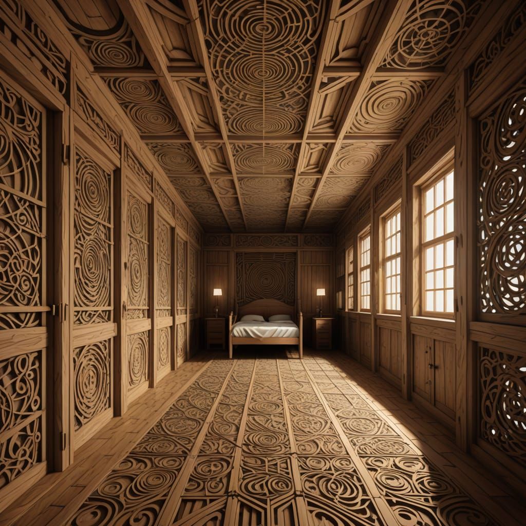 Cozy Barracks Interior with Abstract Fractal Design